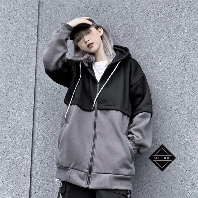 Áo khoác hoodie nỉ khoá kéo màu đen- xám nỉ bông dày dặn