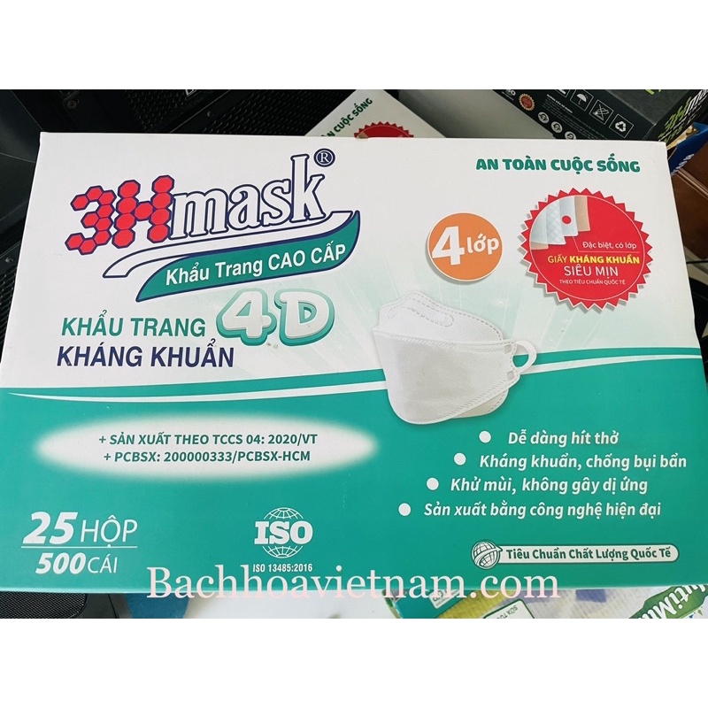 Khẩu trang 4 lớp Vĩnh Tiến 3H Mask 4D (1 hộp 20 cái)|Ôm kín mặt không lem son|Dễ thở|Khử mùi|3Hmask,