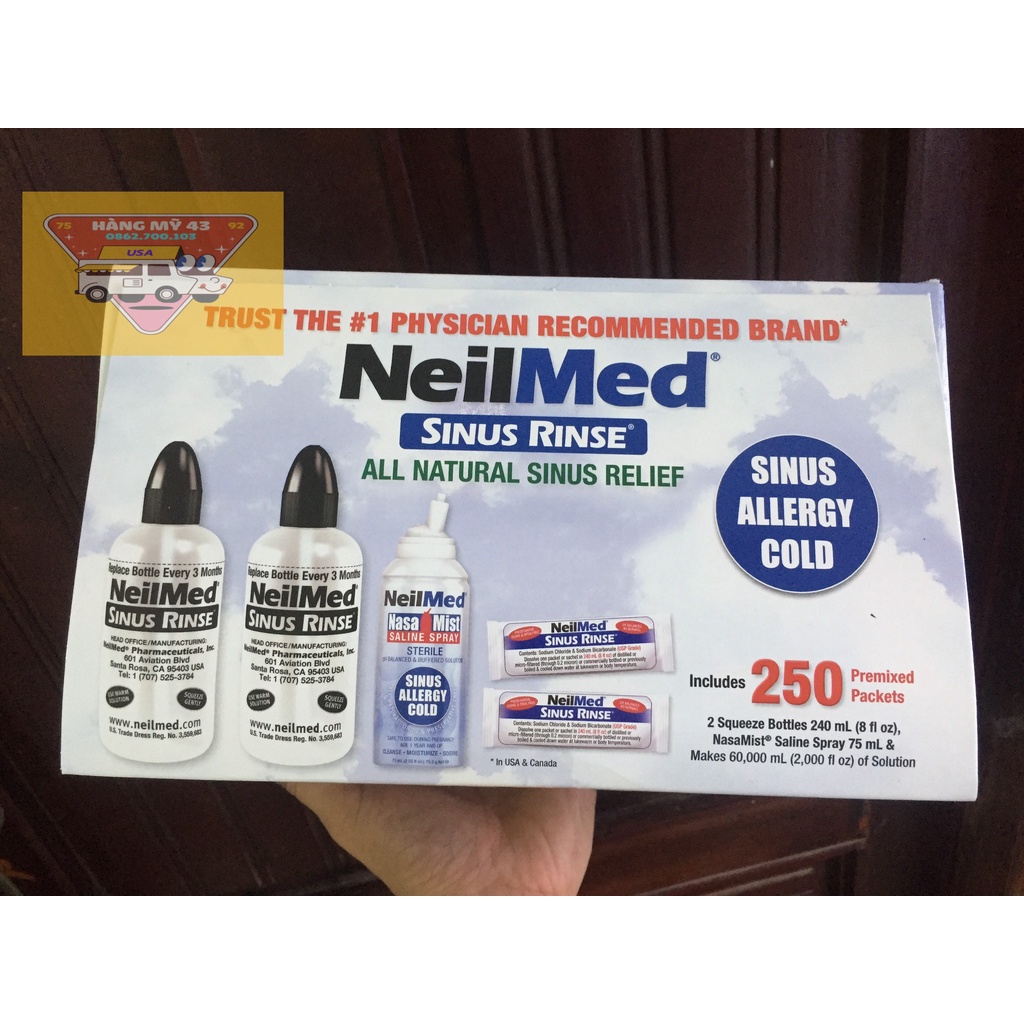 Bộ Nước Rửa Mũi NeilMed Sinus Rinse - 1 xịt 2 Bình 250 gói muối xanh [HÀNG MỸ]