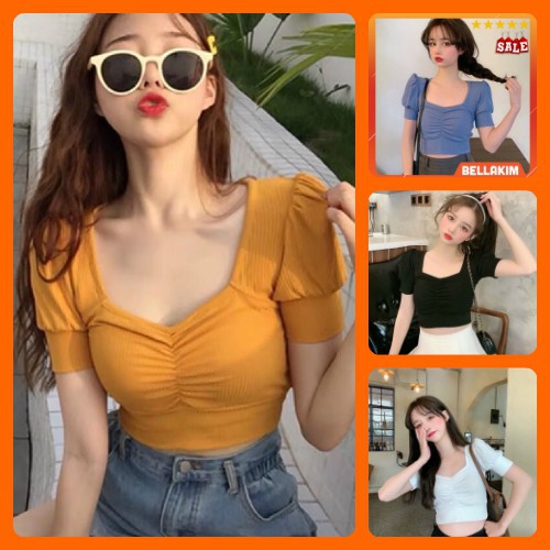 Áo kiểu nữ croptop thun gân body rút ngực nhiều màu Hình thật cuối trải sàn