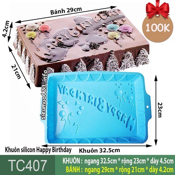 Khuôn silicon làm bánh rau câu Happy Birthday hình chữ nhật 29cm