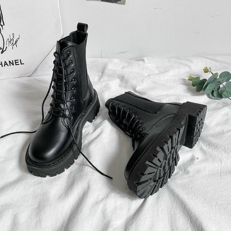 Giày boots nữ cao cổ loại sịn cổ chun kèm dây buộc chiel 2 màu siêu hot | BigBuy360 - bigbuy360.vn