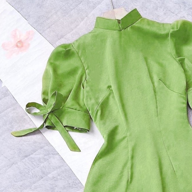 Áo dài nữ trơn cách tân kiểu tay bồng thắt nơ không kèm quần CHUU AD8002