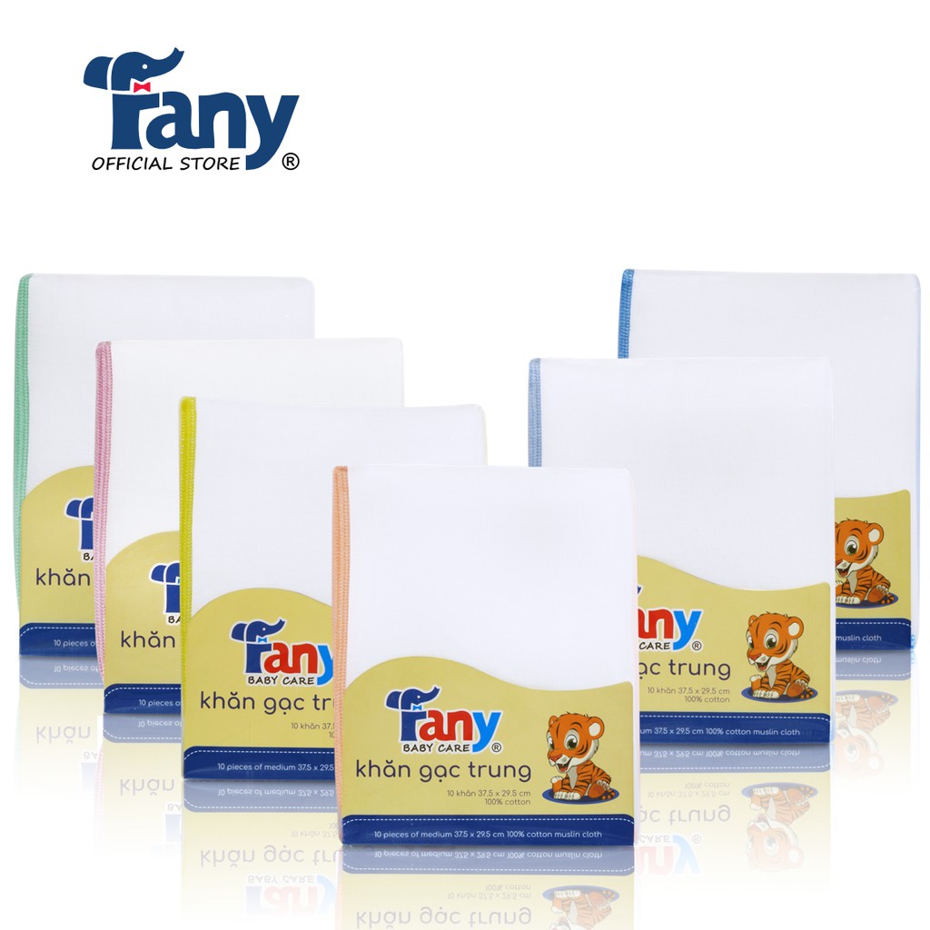 Khăn gạc trung Fany® 37.5x29.5 cm 100% cotton 10 khăn/bịch 4 lớp lớn vừa mềm mại thấm hút tốt 6 màu sắc 10 khăn/bịch