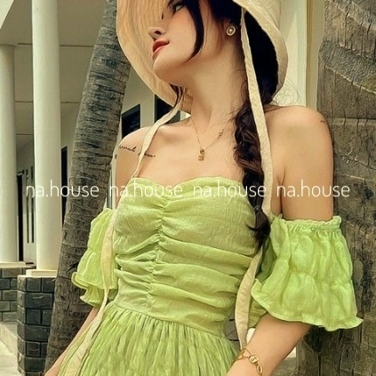 ĐẦM TRỄ VAI ĐI CHƠI ĐI BIỂN NAHOUSE VÁY XỐP CHUN LƯNG CÚP NGỰC DÁNG XÒE THIẾT KẾ HAI LỚP SANG TRỌNG XANH BƠ TRẮNG HỒNG