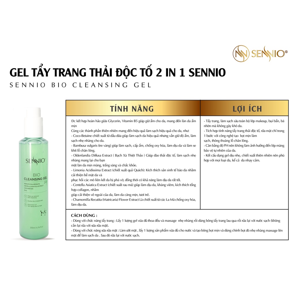 Gel tẩy trang thải độc tố, rửa mặt 2in1 sạch sâu bảo vệ hàng rào da, cân bằng pH Sennio 200ml Bio Gel Cleanser