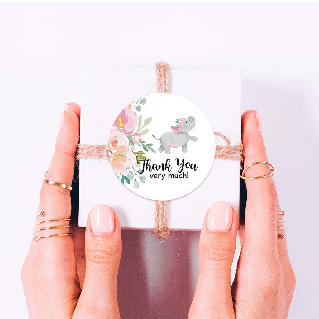 Cuộn 500 miếng dán chữ THANK YOU có 8 mẫu HÌNH CHÚ VOI CON gói hàng, gói quà, gói bánh, trang trí tiện dụng