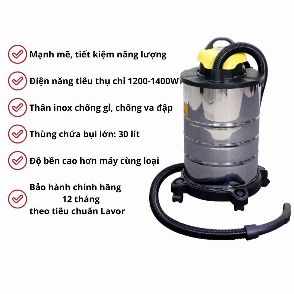 Máy hút bụi khô và ướt Lavor DVC30XT mạnh mẽ, tiết kiệm năng lượng đạt chuẩn Châu Âu, Bảo hành chính hãng 12 tháng