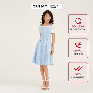 Đầm nữ ôm body GUMAC thiết kế caro phối bèo, màu xanh cực dễ thương DB1104