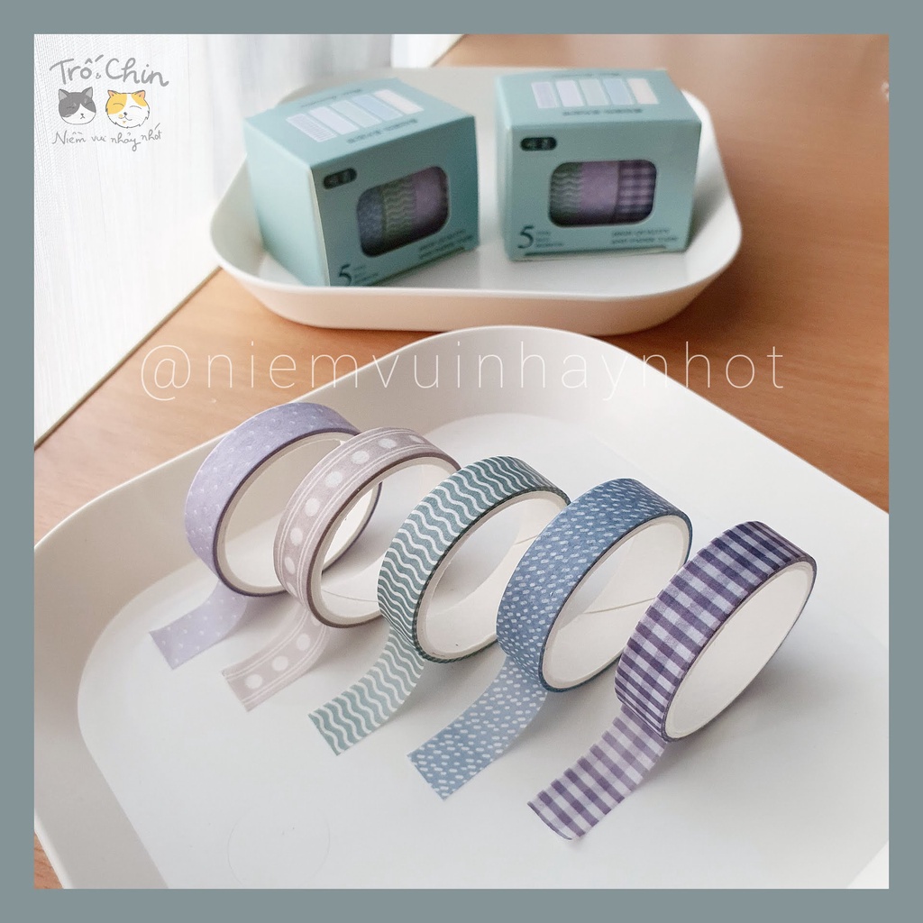 [ẢNH THẬT] [LOẠI MÀU 5-8] Hộp 5 cuộn Washi tape Băng dính dán nhiều họa tiết nhiều màu Masking tape (1cm*2m)