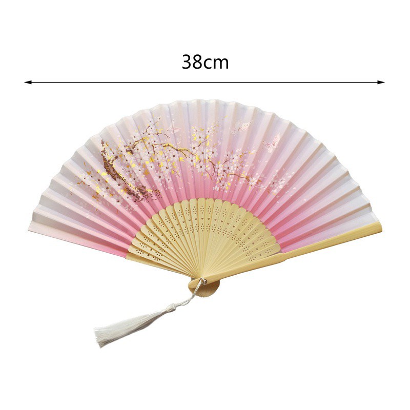 Quạt Xếp Cầm Tay Vải Lụa In Họa Tiết Hoa Anh Đào Phong Cách Trung Hoa