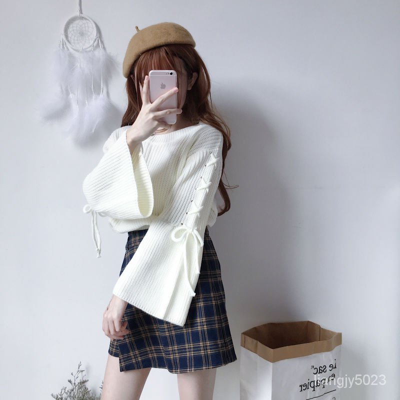 Áo Sweater Tay Loe Dài Phối Ren Đính Nơ Thời Trang Thu Đông Hàn Quốc