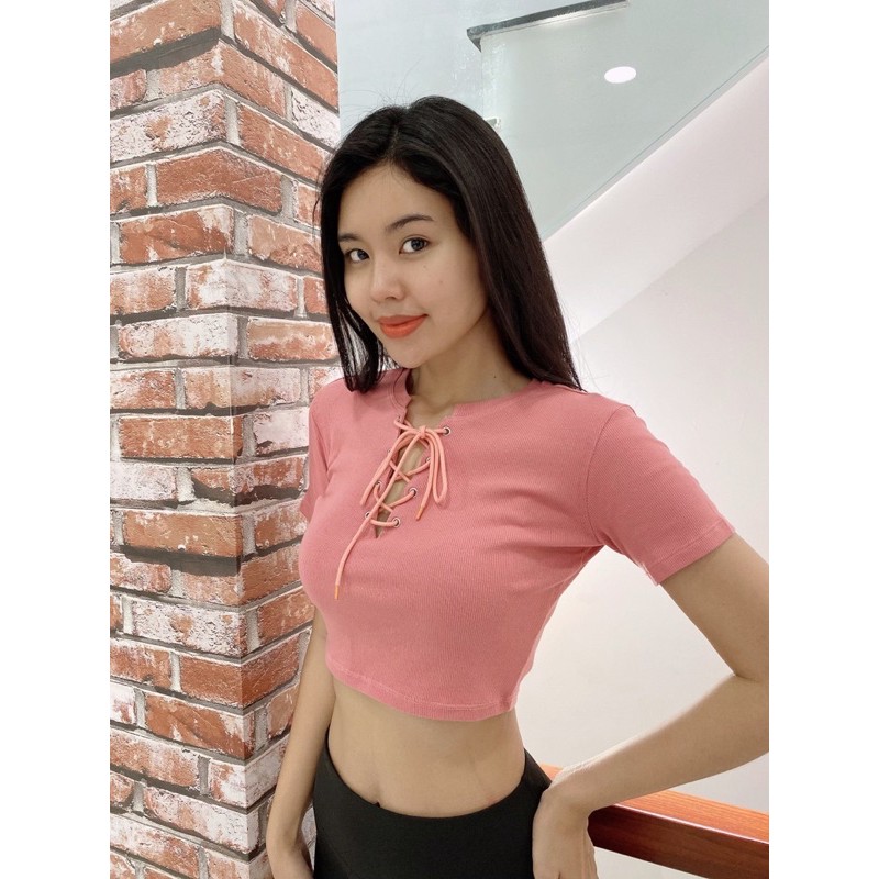 [Mẫu mới 2021] Áo Croptop Thun Gân Đục Lỗ Đan Dây Sexy Cực