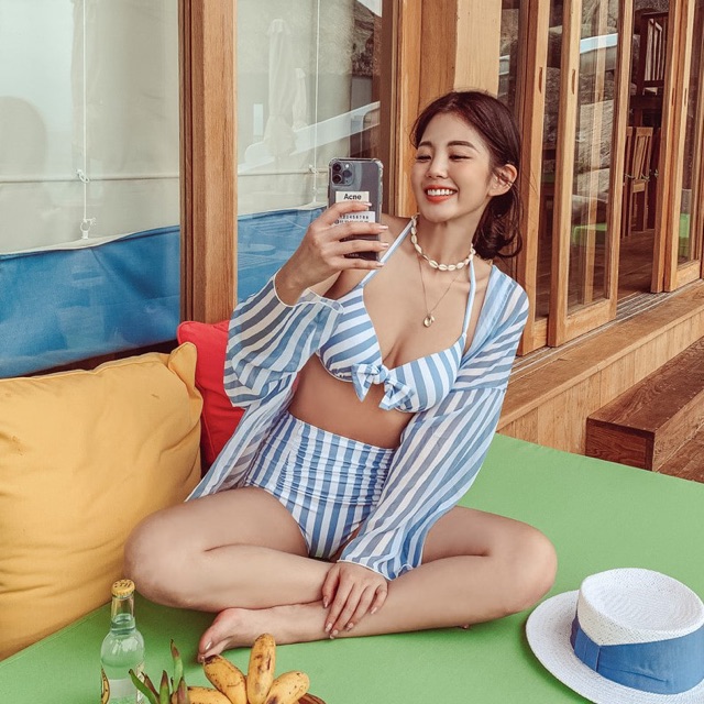 (Có sẵn) Bộ bơi bikini 2 mảnh kèm áo khoác sọc xanh lưng cao giấu bụng áo ngực nâng kiểu Hàn Quốc