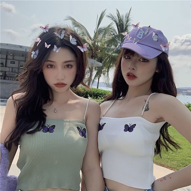 DUNEA Áo Dệt Kim Hai Dây In Hình Bướm Thời Trang Cho Nữ