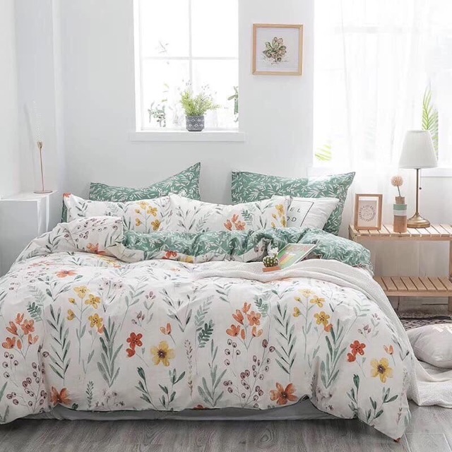 BỘ_CHĂN_GA_GỐI_COTTON_HÀN_100%_HÌNH_LÁ_TRÚC