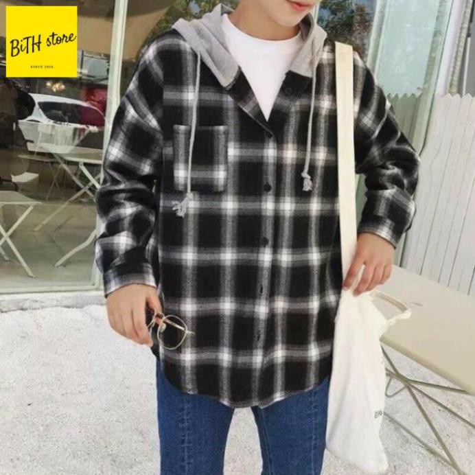 Áo khoác sơ mi chống nắng có mũ 2 lớp vải sơ mi caro cho nam và nữ