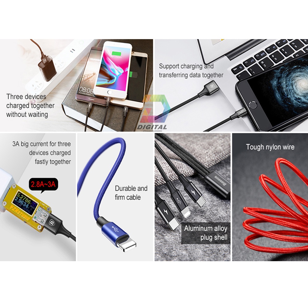 Cáp Sạc Đa Năng 3 Đầu Baseus Dây Dù Siêu Chắc Chính Hãng