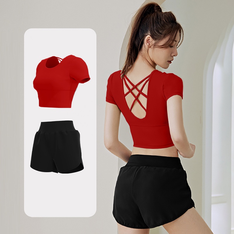 Áo tập gym nữ cao cấp Louro LA32, kiểu áo áo croptop ôm tay ngắn chéo lưng, sẵn mút nâng ngực, tập Yoga, Gym, Zumba