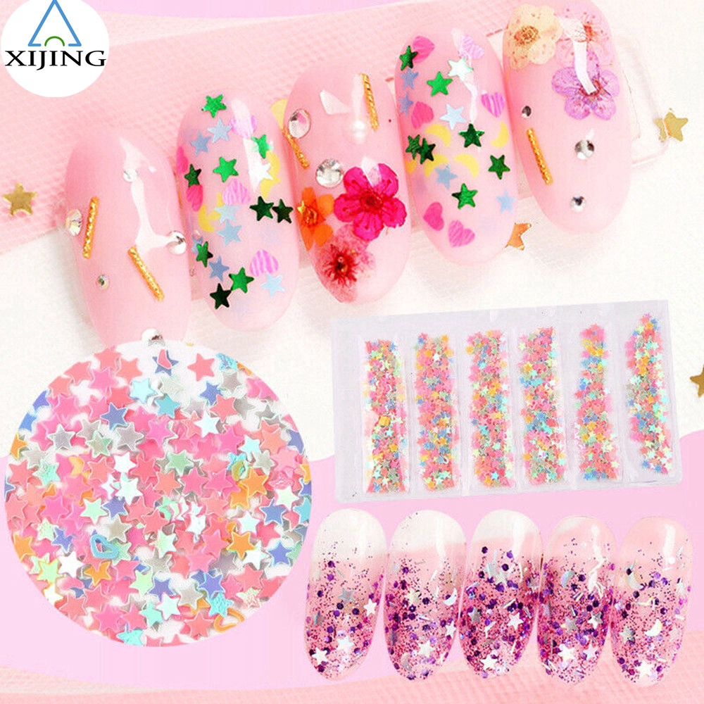 XIJING-COD Fashion Shiny Colorful Heart Star Flower Shape Nail Sticker Woman Manicure DIY Nail Art