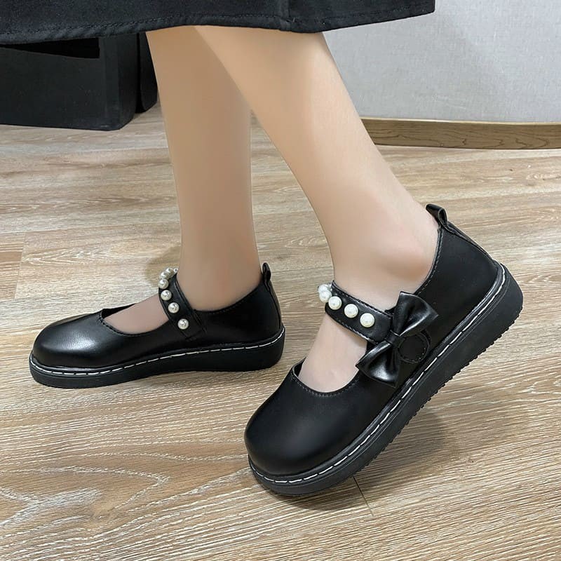 Giày lolita gắn nơ quai ngang đính ngọc siêu xinh - màu đen/kem | BigBuy360 - bigbuy360.vn