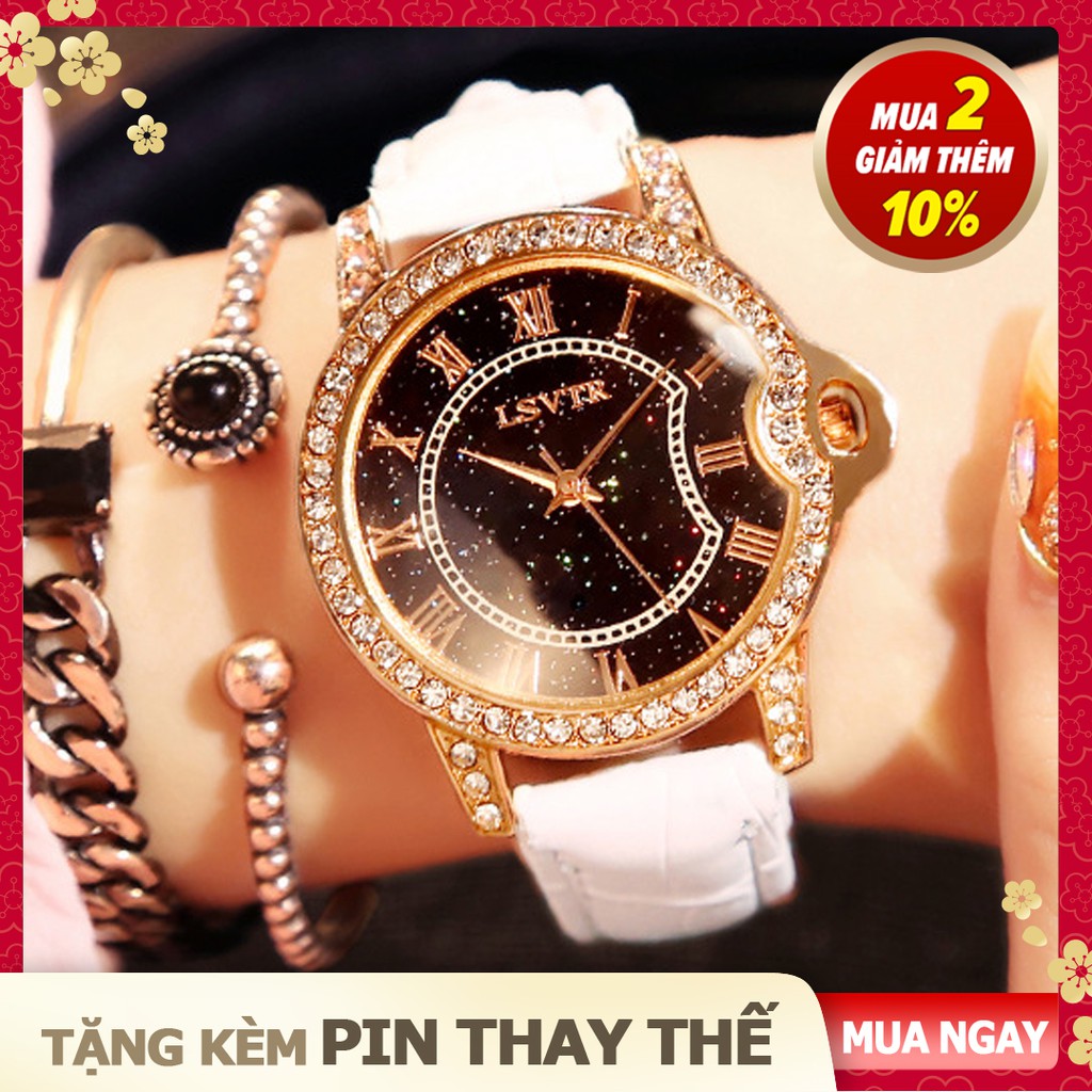 [Tặng kèm pin loại tốt] Đồng hồ nữ đẹp giá rẻ LSVTR 2019, mặt tròn, niềng đính đá, dây da, 04 màu thời trang