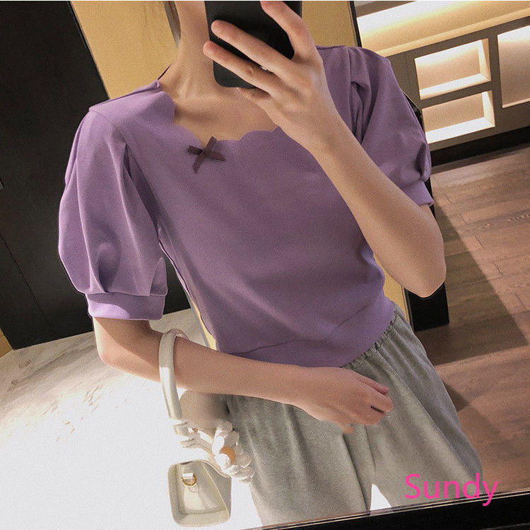 Áo Kiểu Cổ Vuông Tay Phồng Đính Nơ Xinh Xắn Cho Bé Gái