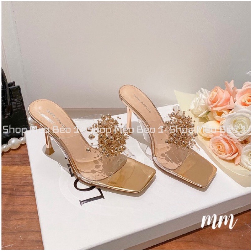 Guốc mica quai ngang chùm hạt gót nhọn fullbox hàng quảng châu cao cấp