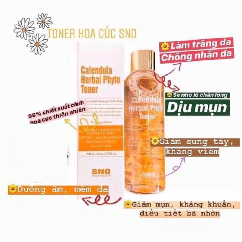 Nước Hoa Hồng, Toner Hoa Cúc Sno Calendula Herbal Thảo Mộc Cao Cấp Cân Bằng Da Dưỡng Ẩm Dịu Nốt Mụn Trắng Sáng Căng Bóng