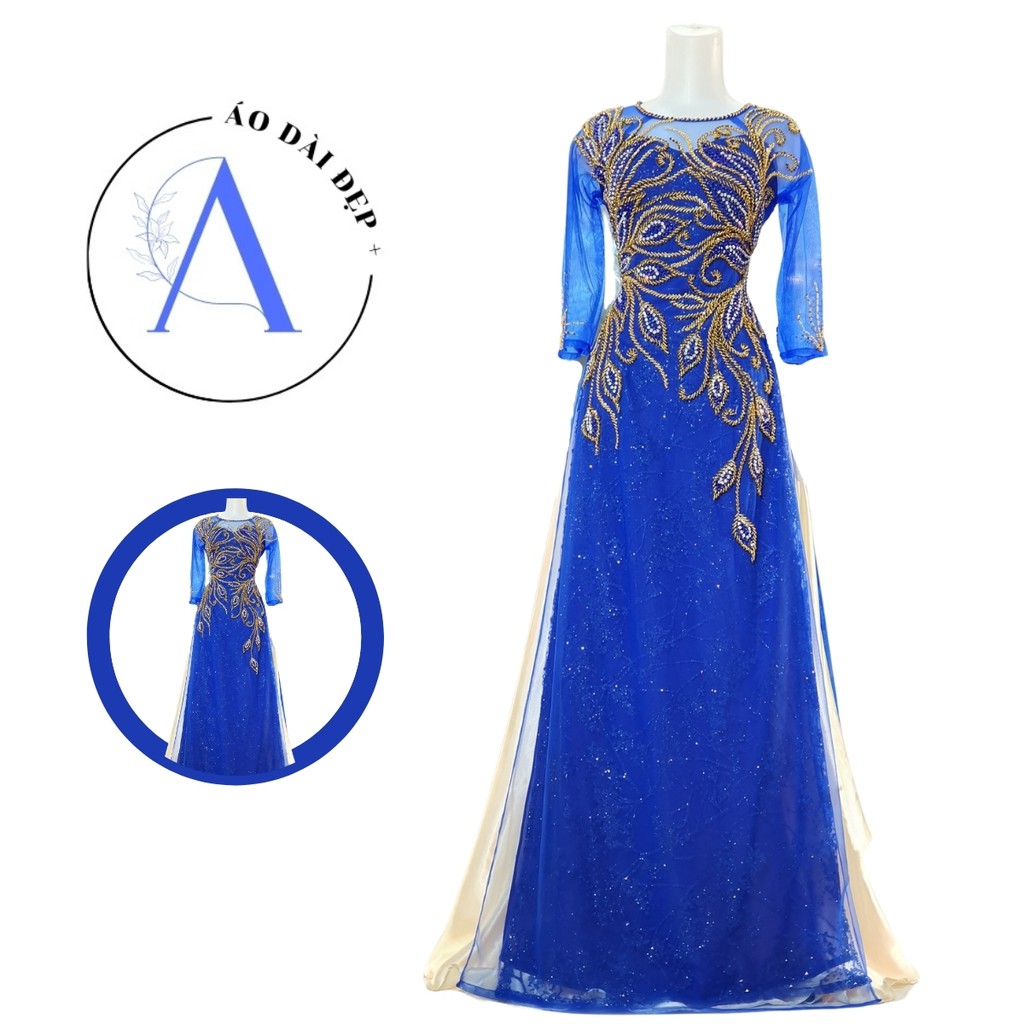 Áo Dài Mẹ - Áo Dài Cô Dâu Màu Xanh Coba  Nổi Bật ADC06