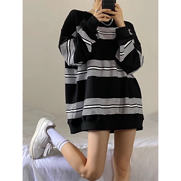 Áo sweater dáng dài form rộng sọc ngang dành cho nam và nữ