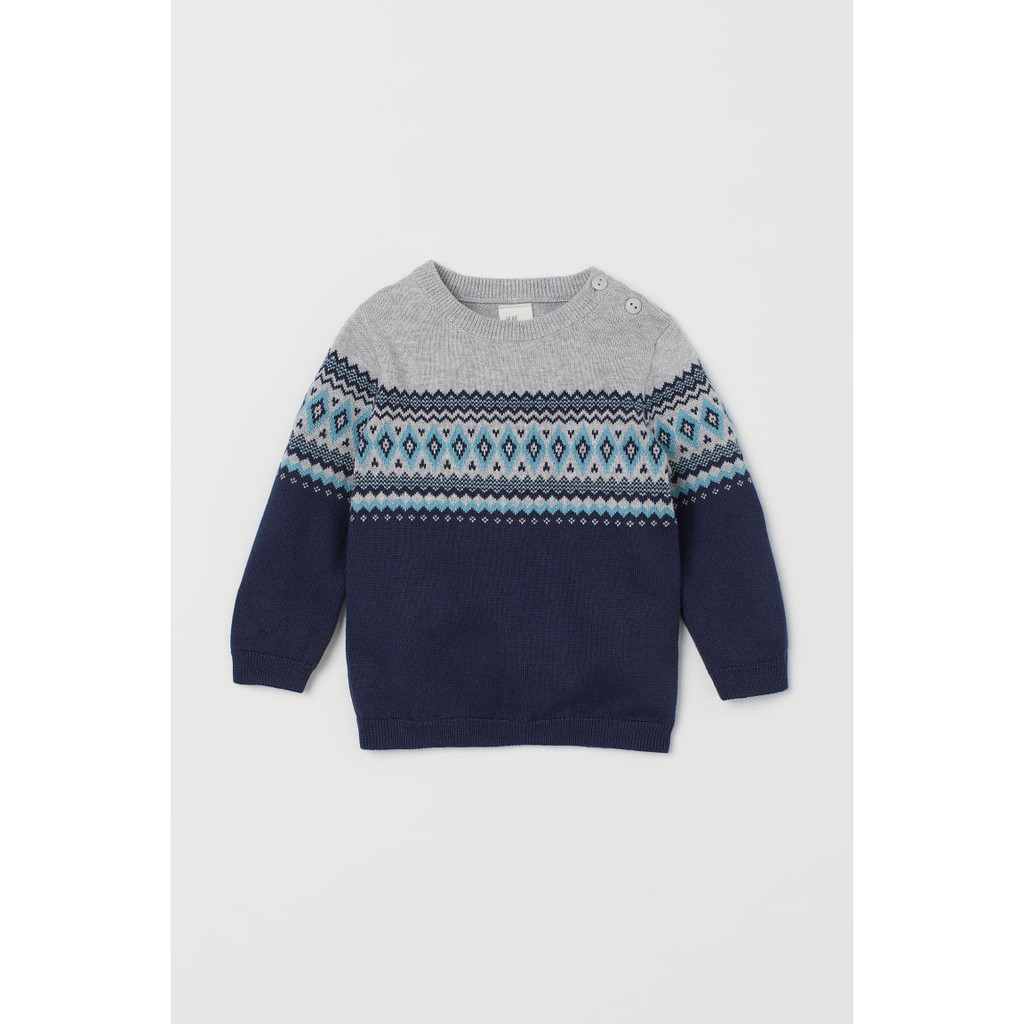 Áo len xanh navy thổ cẩm HM H&amp;M size 6-9, 9-12, 12-18, 18-24m, 2-3, 3-4y_hàng chính hãng Mỹ