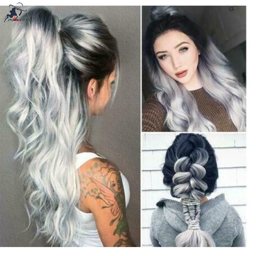 FF Women Hair Wig White Grey Mixed Color Heat Resistant Synthetic Long Wavy Wig