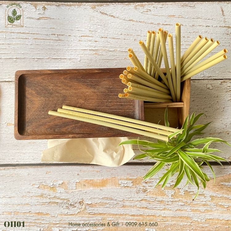 Bộ 5 ống hút tre thân thiện môi trường, cọ rửa xơ dừa và túi vải. Ống hút có 3 size SML
