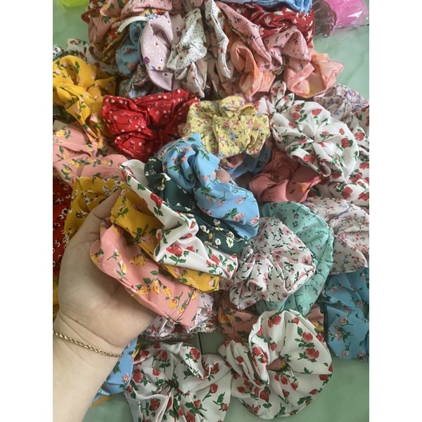 Cột Tóc Vải Scrunchies Hoạ Tiết Hoa Phong Cách Vintage