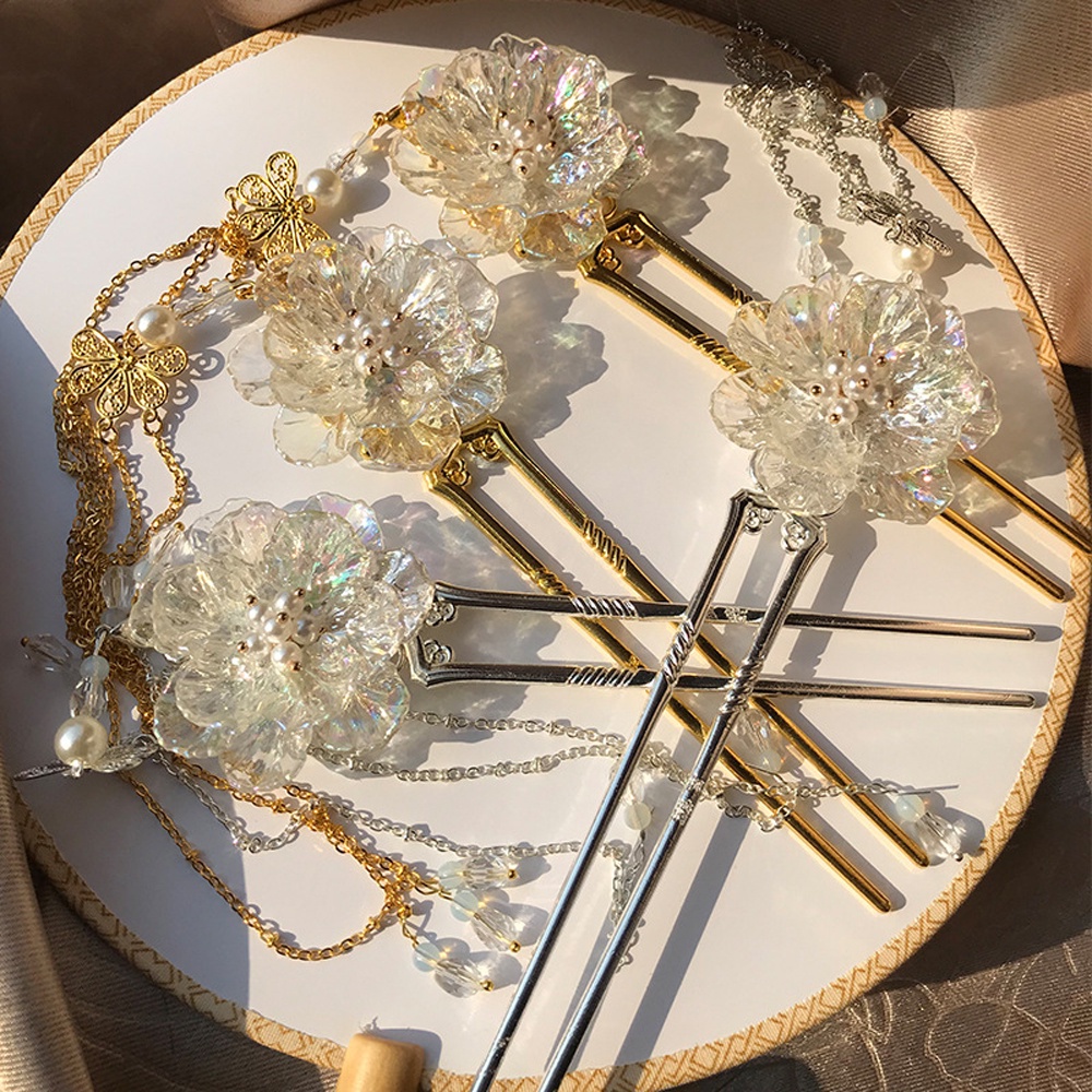 Trâm cài tóc hình chữ U phối tua rua và ngọc trai giả phong cách Trung Hoa cổ trang cho cô dâu