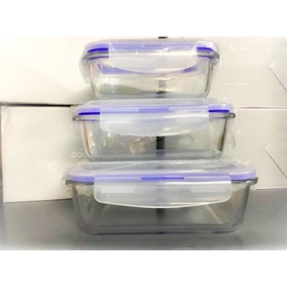 Bộ 3 hộp cơm thủy tinh nắp hút chân không hình chữ nhật  (370 + 640 + 1040ml)