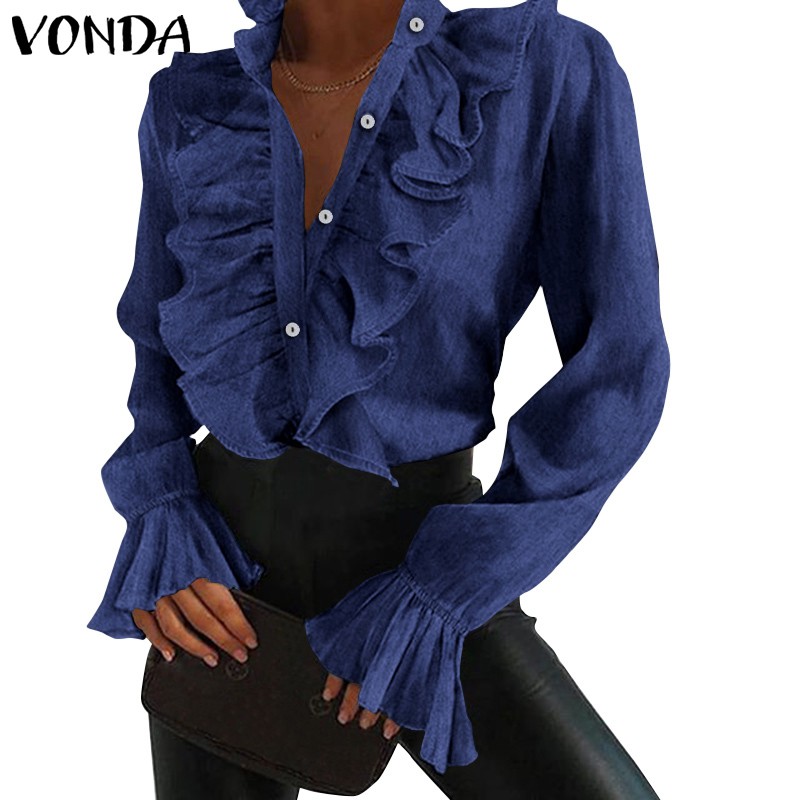 Áo Sơ Mi Denim VONDA Tay Dài Phối Bèo Thiết Kế Dáng Rộng Thoải Mái