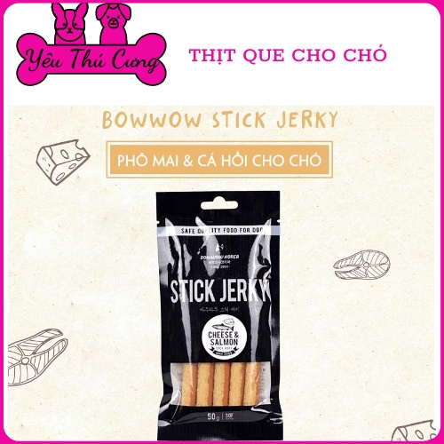 BÁNH THƯỞNG MỀM DẠNG QUE CHO CHÓ VỊ GÀ, PHÔ MAI, CÁ HỒI STICK JERKY BOWWOW 50G.....YÊU THÚ CƯNG