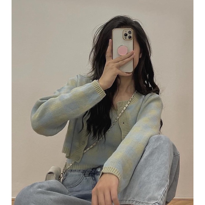 Set áo len khoác ngoài kèm áo 2 dây kẻ caro - 5 màu