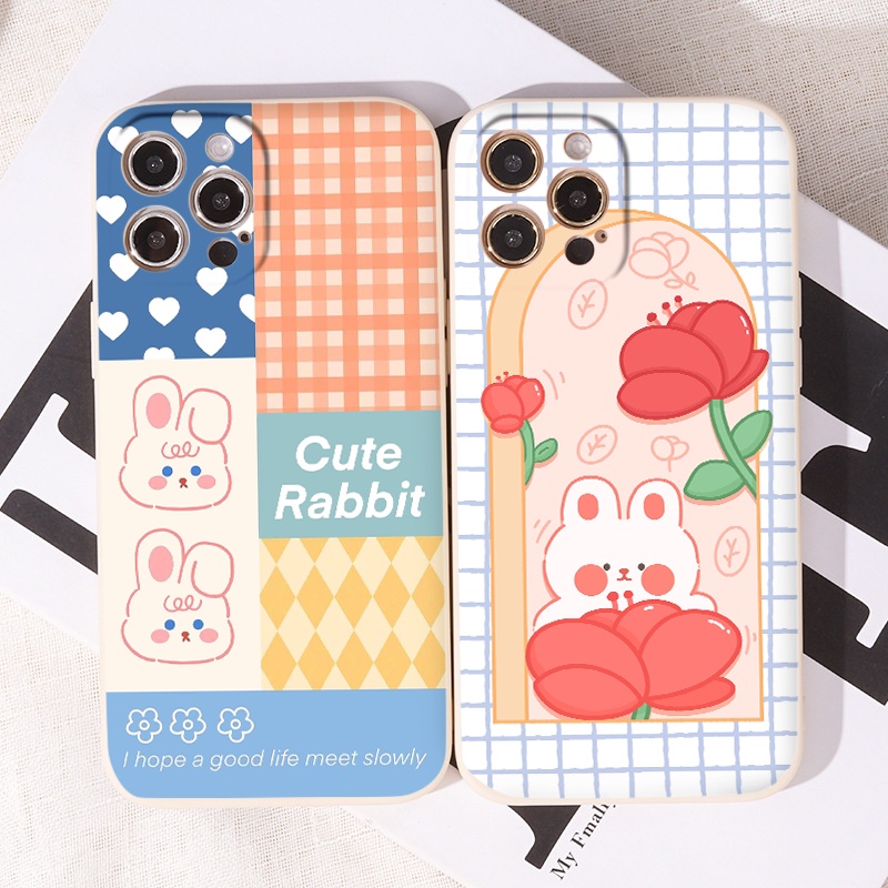 Case iphone 12 11 pro Max SE rabbit caro Ốp lưng iphone vuông cạnh iphone 7 plus 13 13 pro xr 6 6s 8 plus xs max