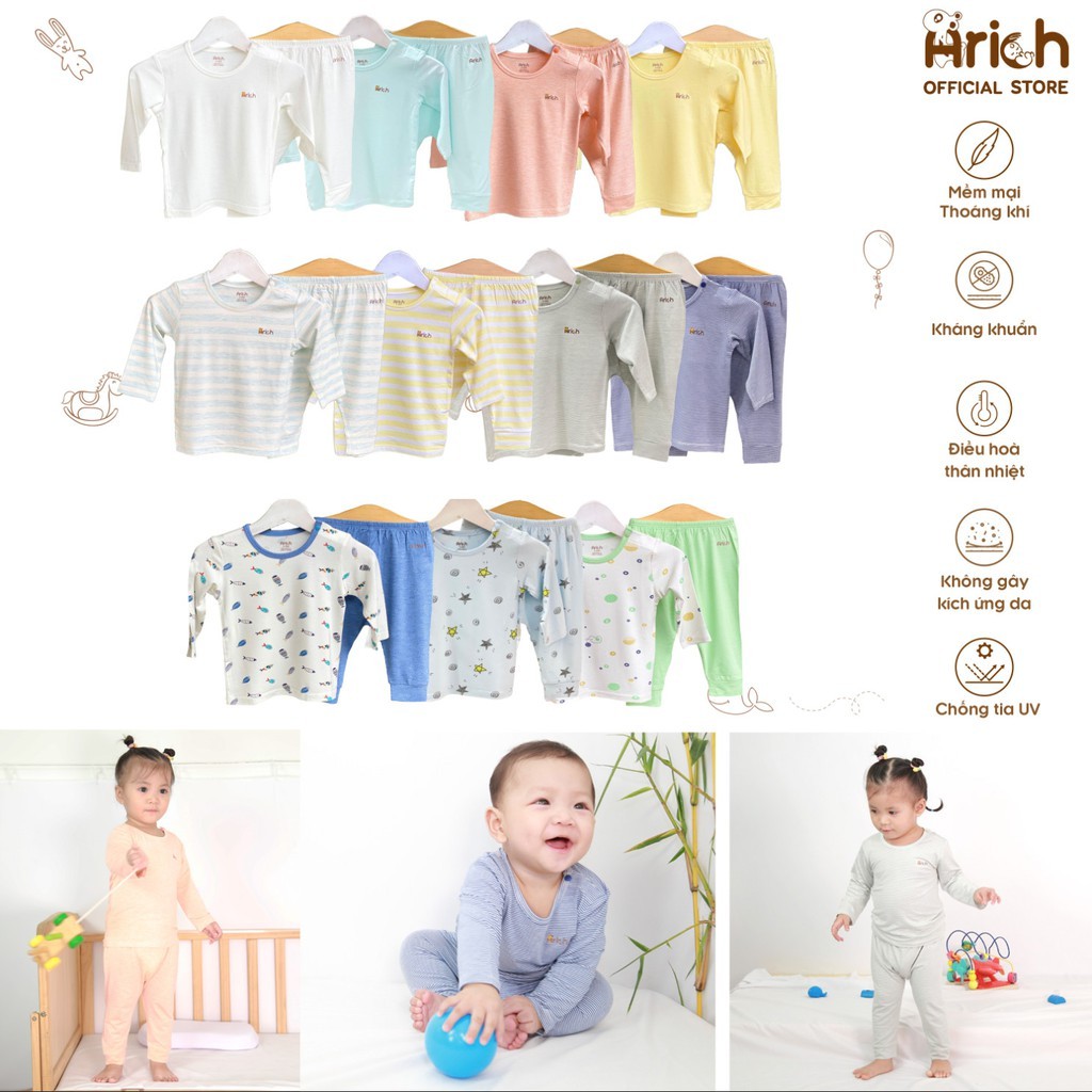 Bộ quần áo dài cài vai Arich vải sợi tre màu trơn (size 3-6 tháng đến 3-4 tuổi)