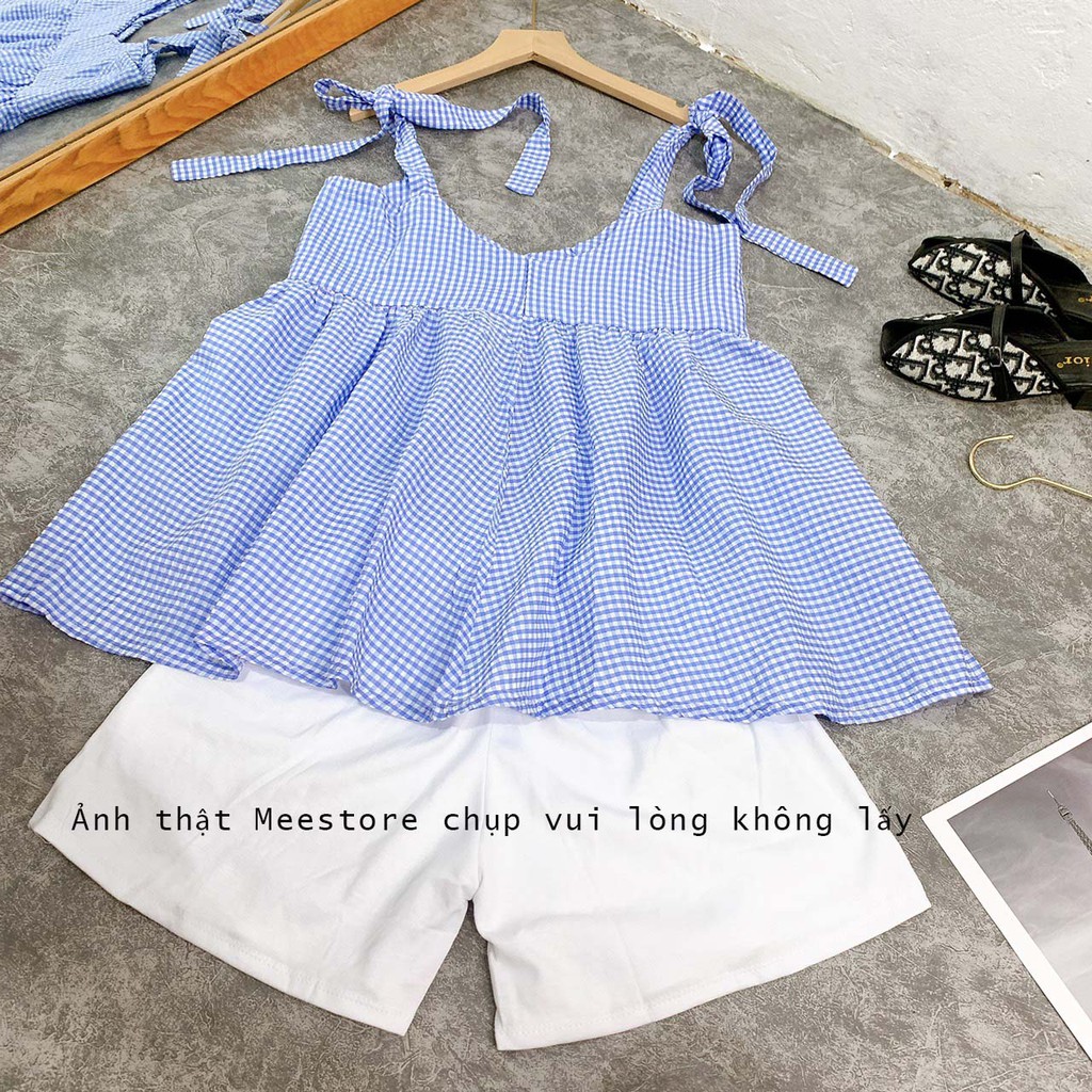 Set áo babydoll nơ vai kẻ xanh- Hai dây kẻ xanh đũi xốp kèm sooc trắng Mee