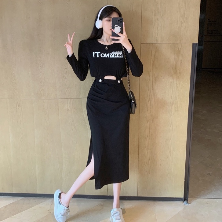 Set Áo Thun Tay Dài Cổ Tròn In Chữ + Chân Váy Dài Lưng Cao Thời Trang Hàn Quốc Cho Nữ