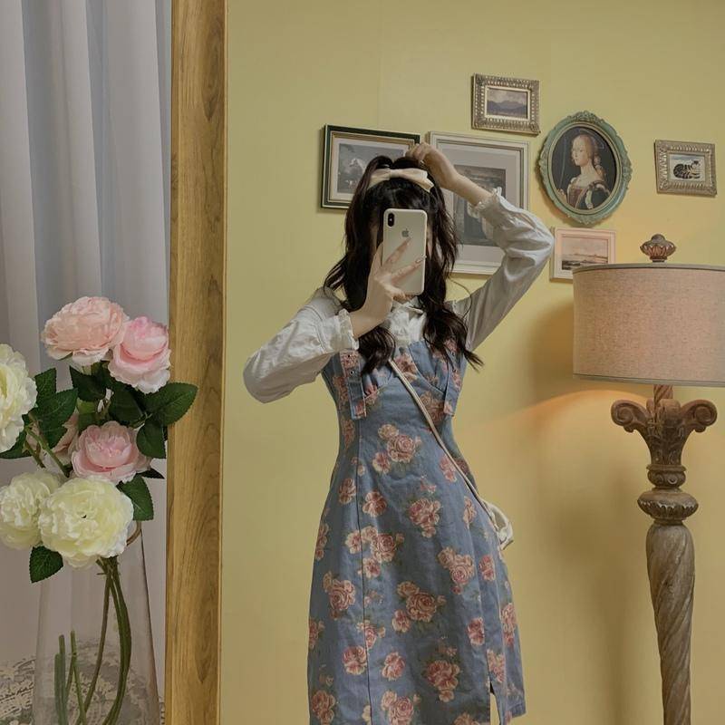 Women 2pcs Set Summer Flowers Printed Sleeveless Dress + Long Sleeve Shirt