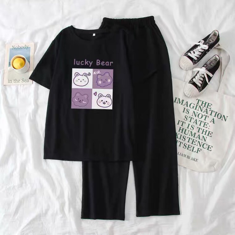 Sét áo Lucky Bear + quần suông đen, Áo thun from rộng, Chất đẹp không xù, quần suông ống rộng, Sét bộ mặc ở nhà - MODY
