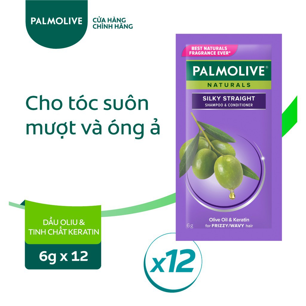 🍒 Dây 12 gói Dầu gội có dầu xả Palmolive Naturals Silk Straight suôn mượt & óng ả màu tím 6 g