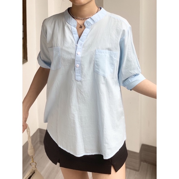 Áo sơ mi nữ cổ tàu form rộng tay lỡ kiểu Hàn nhiều màu trẻ trung phong cách