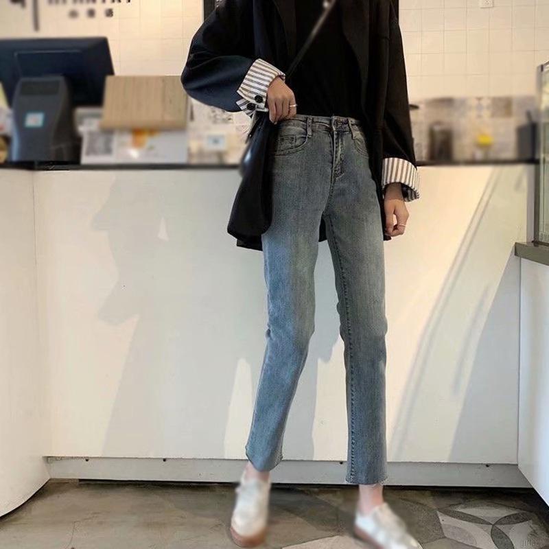 Quần jean nữ lưng cao dáng thẳng thời trang cổ điển Hàn Quốc
