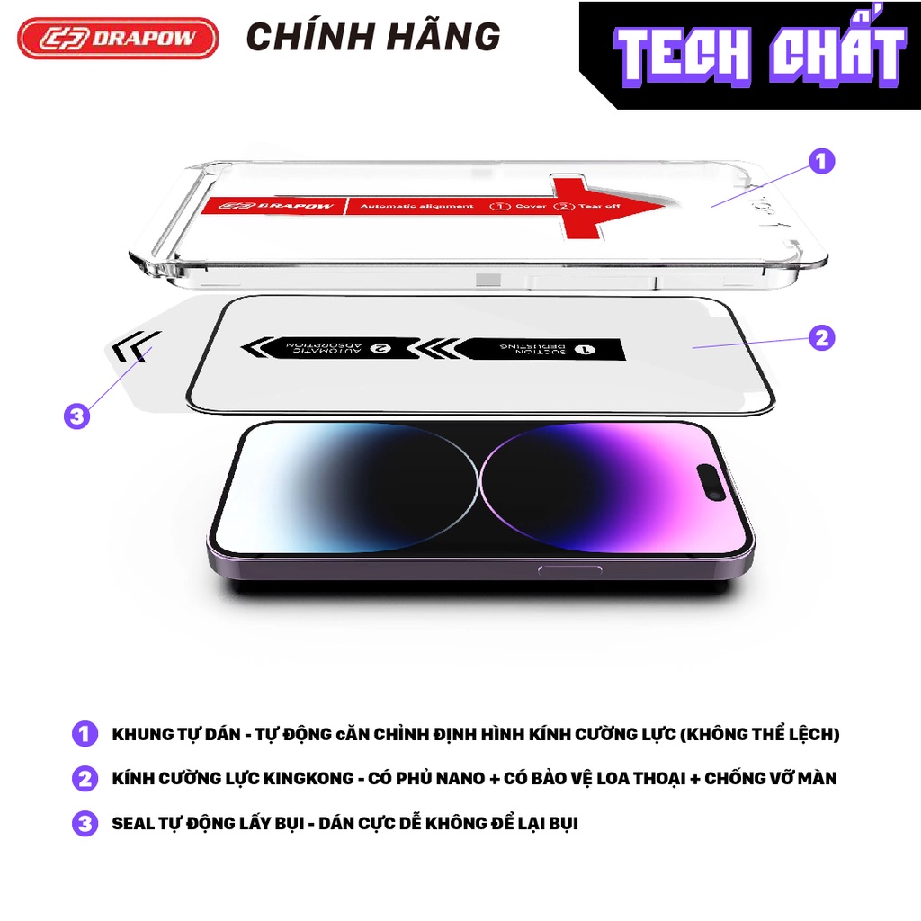 Kính cường lực KingKong Drapow Pro Max tự lấy bụi DánCựcDễ TrùmCuối KínhCườngLực cho iphone x xr xs 11 12 13 14 plus